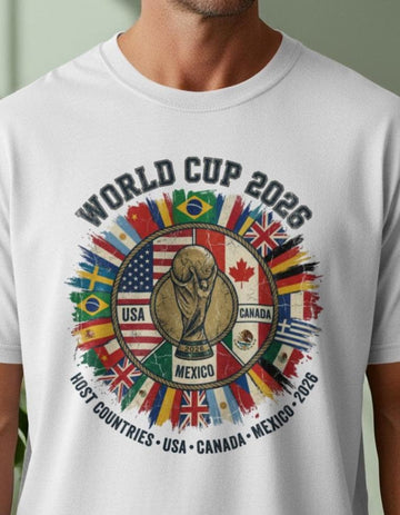 World Cup 2026 T-Shirts, USA Canada Mexico Host Countries, Global Football Fan Apparel, Soccer Trophy Flags Tee, Vintage Sports Shirt
