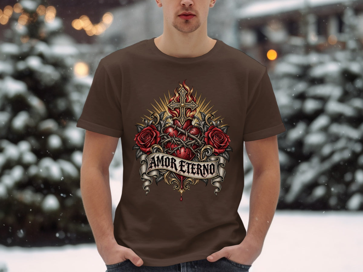 Brown t-shirt with a Sacred Heart design and "Amor Eterno" banner.