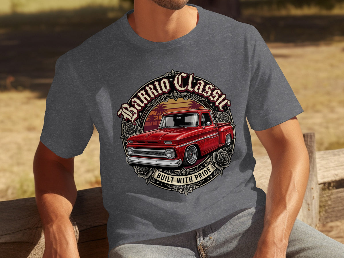 Gray t-shirt with vintage red truck graphic and "Barrio Classic Built With Pride" text.