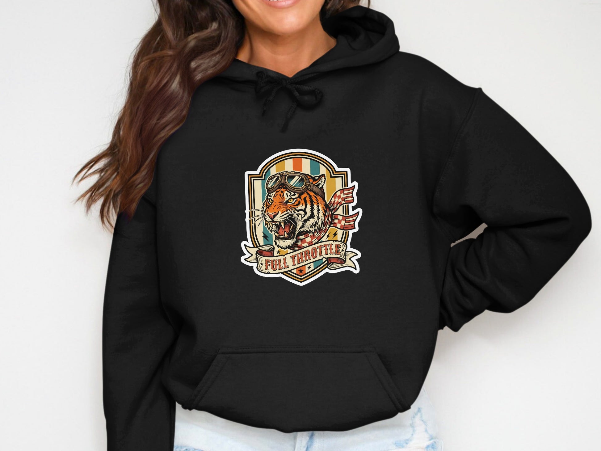 Black hoodie with tiger in goggles and "Full Throttle" text on a shield.