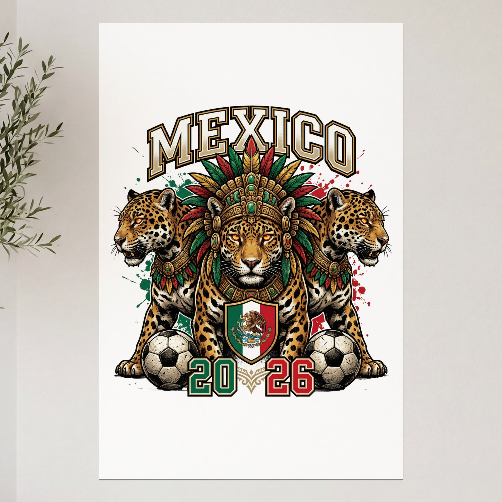 Jaguar wearing a headdress with "MEXICO 2026" and soccer balls.