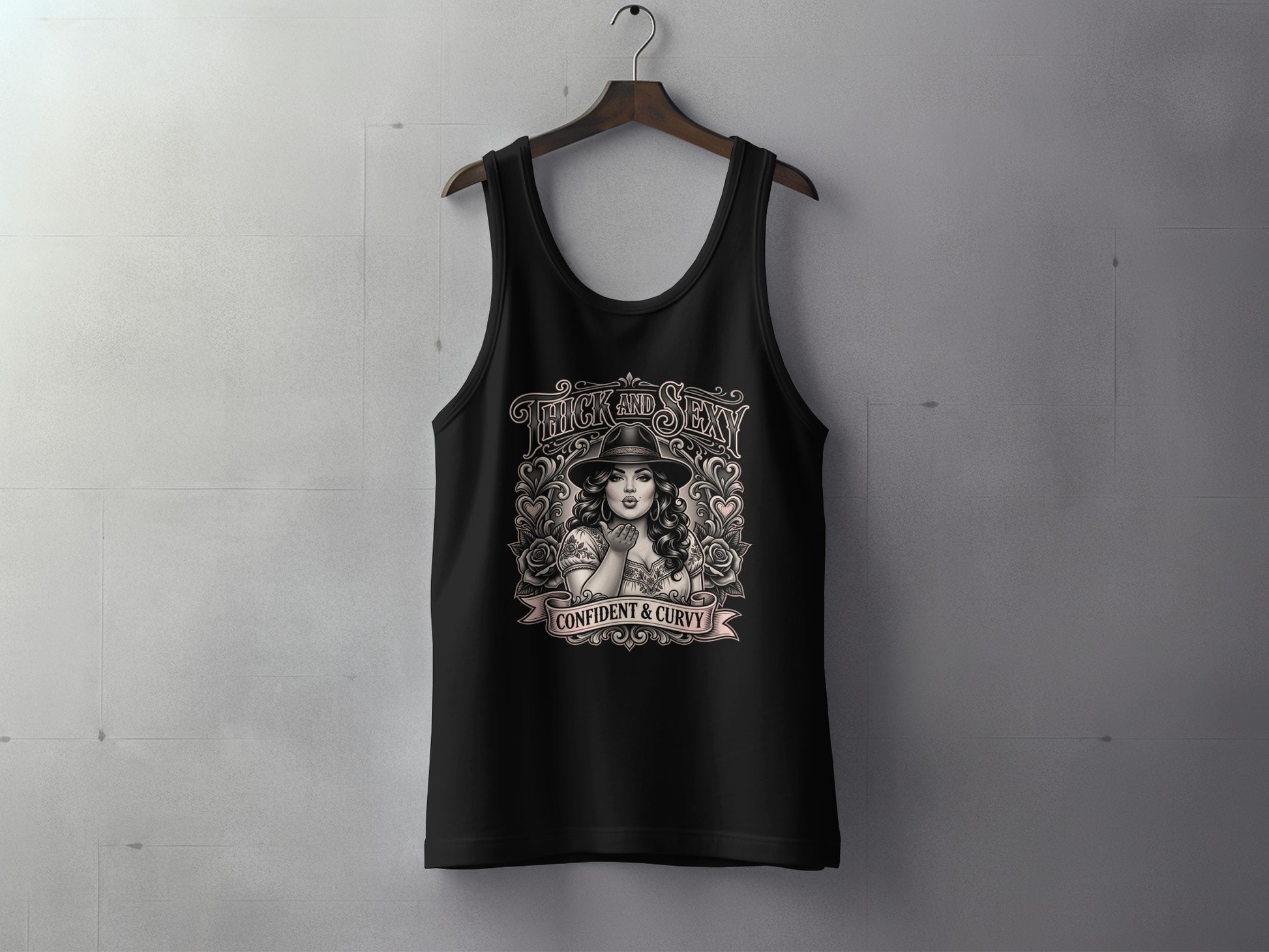 Black tank top with "Thick and Sexy" text and a woman's portrait.