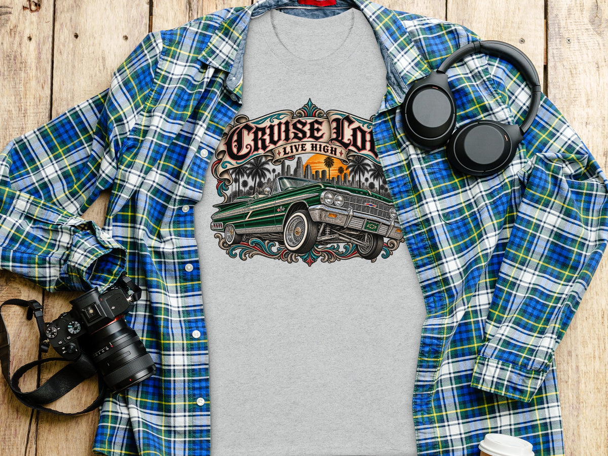 Grey t-shirt with "Cruise Low, Live High" graphic featuring a green vintage car.