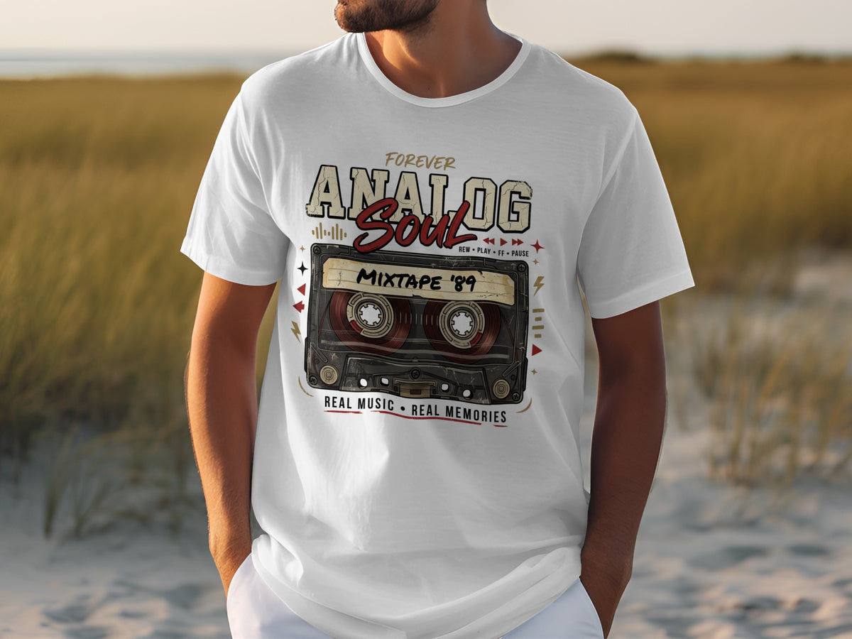 White t-shirt with "Forever Analog Soul Mixtape '89" cassette graphic.