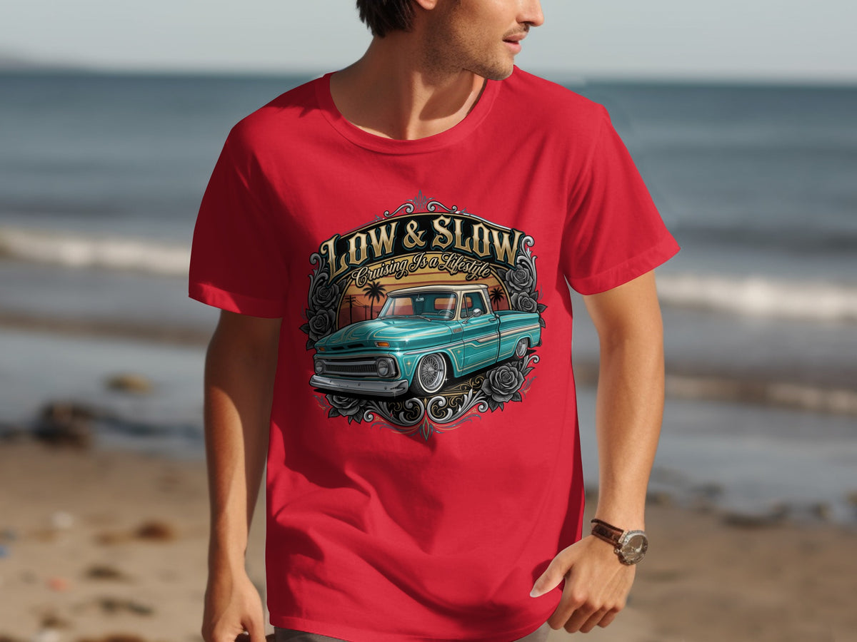 Red t-shirt with graphic of teal vintage truck and "Low & Slow Cruising Is A Lifestyle" text.