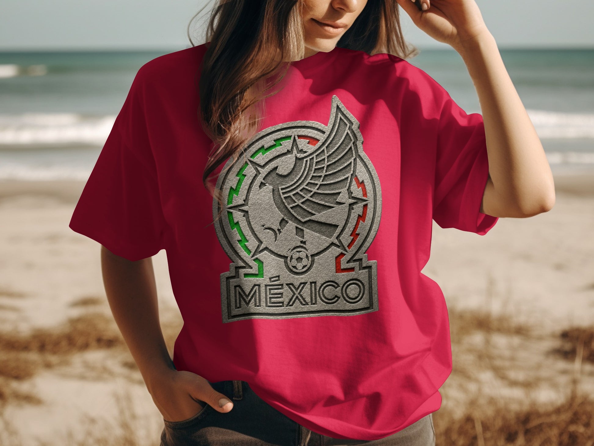 Red t-shirt with embroidered Mexico national football team crest.