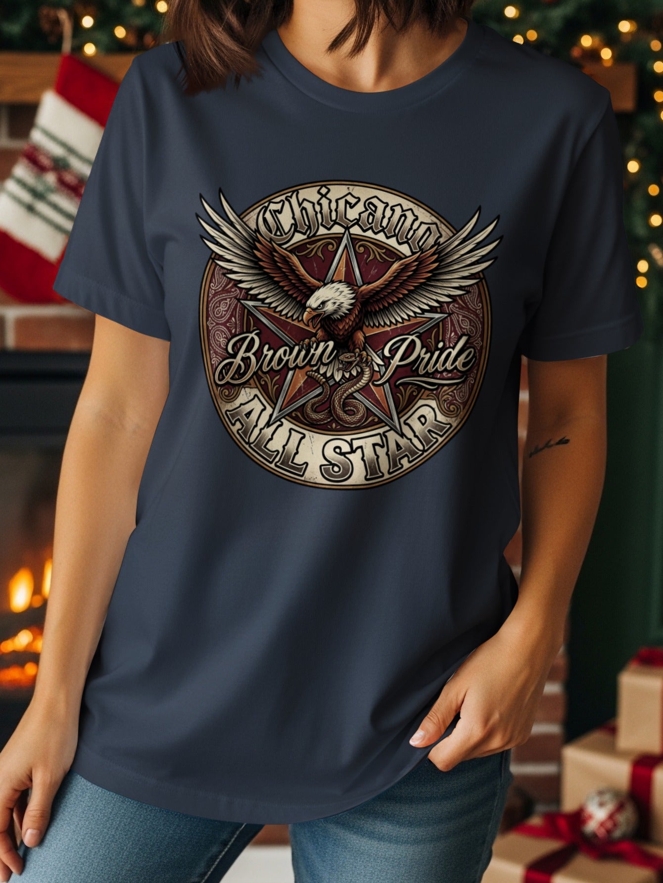 Navy t-shirt featuring a circular logo with an eagle, snake, and "Chicago Brown Star All Star" text.