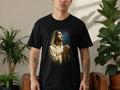 Black t-shirt featuring a painterly depiction of Jesus praying.