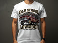White t-shirt with Old School Lowrider graphic featuring a red truck and roses.