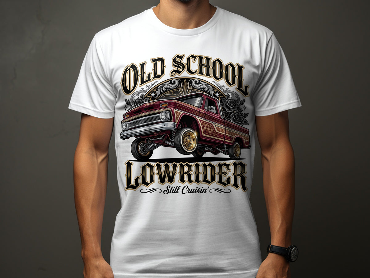 White t-shirt with Old School Lowrider graphic featuring a red truck and roses.