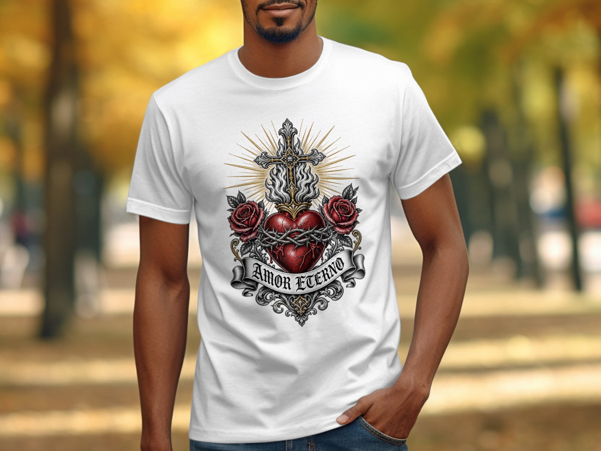 White t-shirt with a Sacred Heart design, roses, and "Amor Eterno" text.