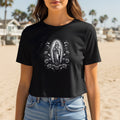 Black t-shirt with Our Lady of Guadalupe design and surrounding roses.