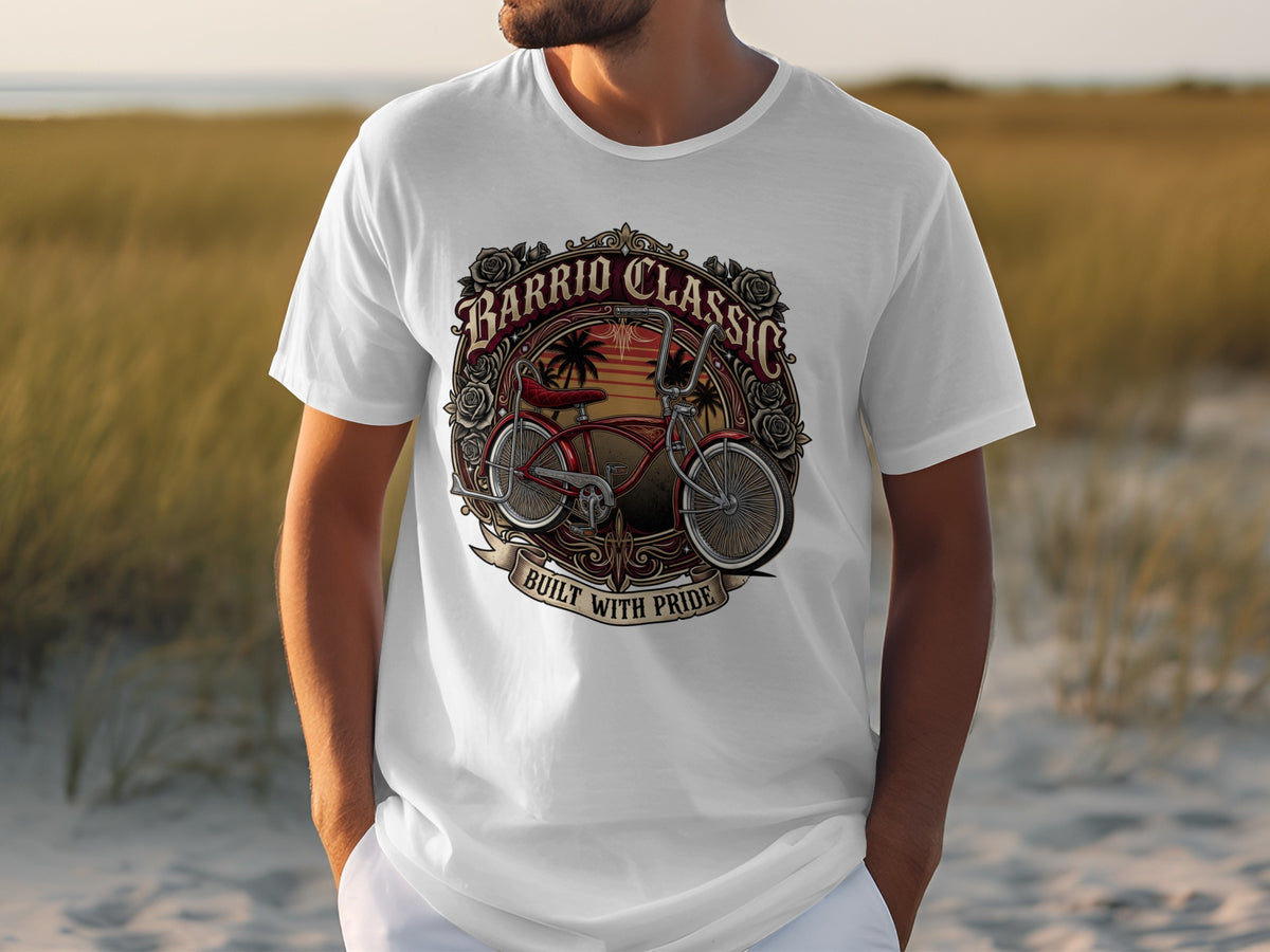 White t-shirt with circular graphic of a red lowrider bicycle, palm trees, and text.