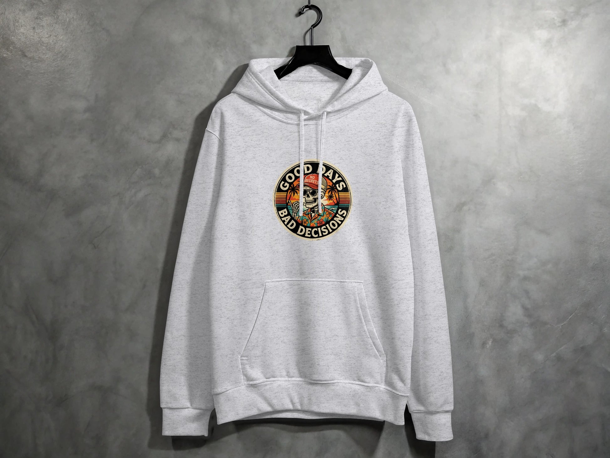 Grey hoodie with "Good Days Bad Decisions" graphic featuring a skeleton wearing a hat.