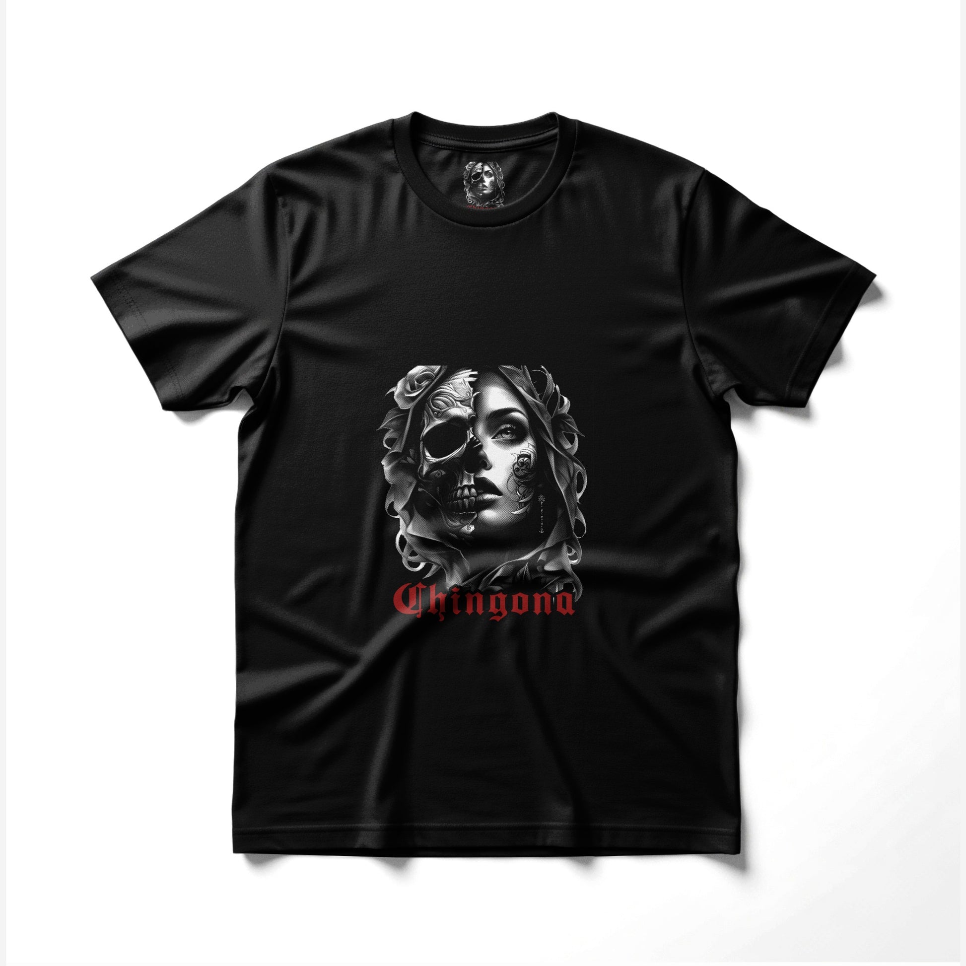 Black t-shirt with "Chingona" text and a skull merging with a woman's face.