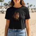 Black t-shirt with a graphic of a lion's face split with the face of Jesus.