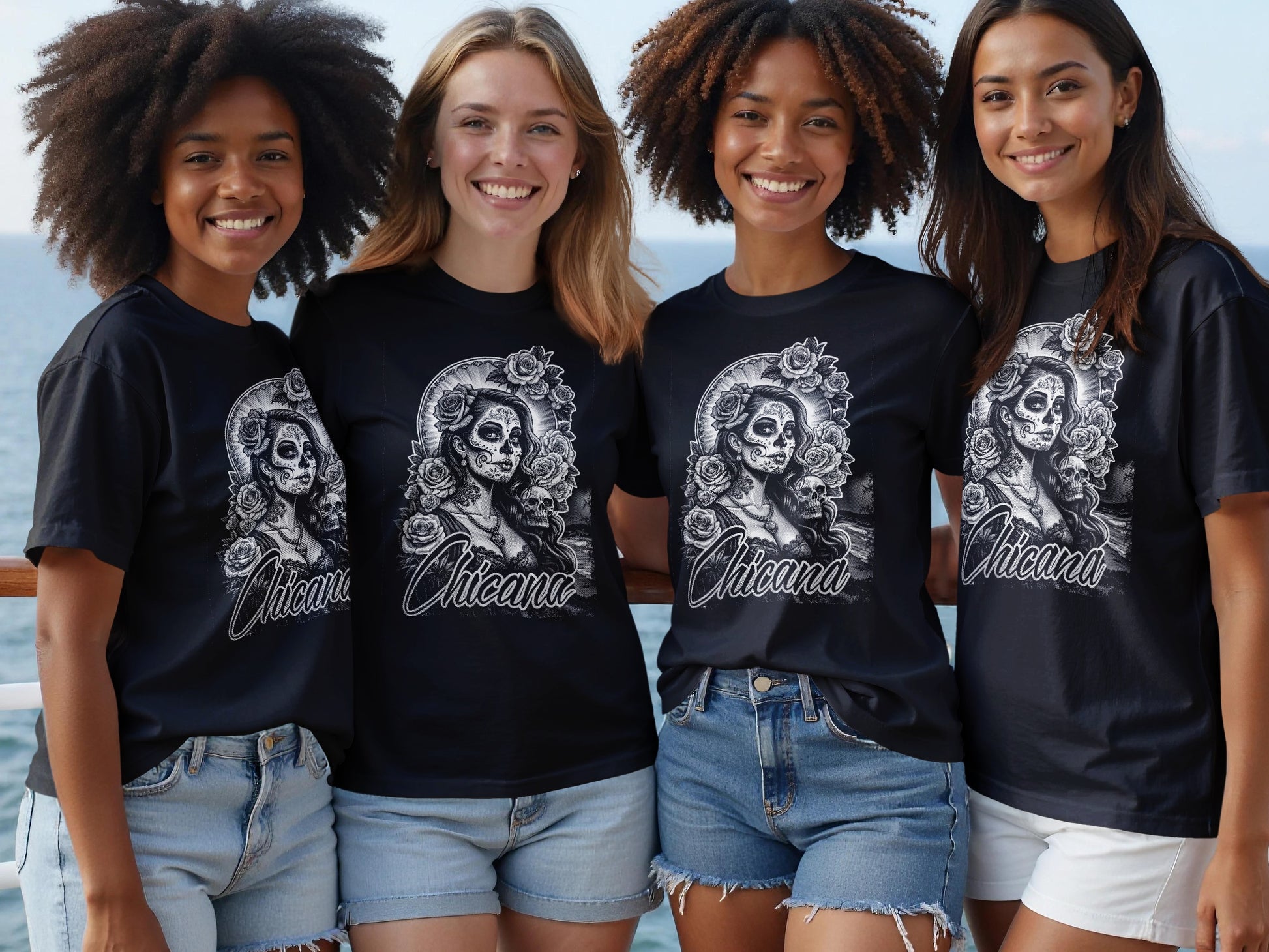 Four women in black t-shirts featuring a skull design with roses and the word "Chicana".
