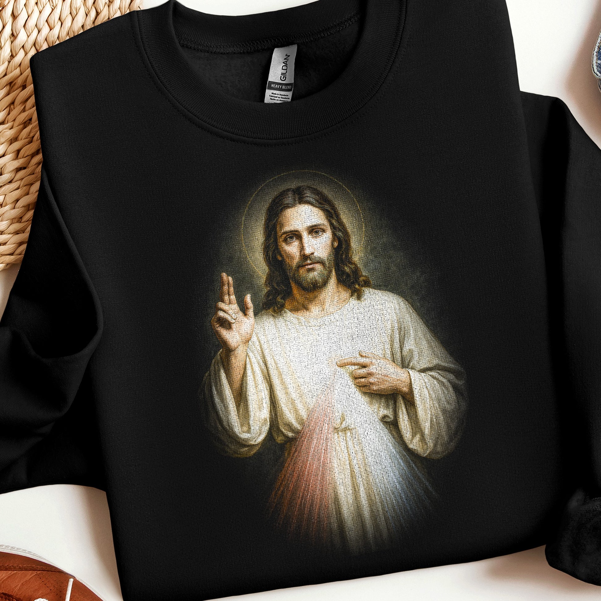 Gildan crewneck sweatshirt featuring Jesus Christ with outstretched hand.