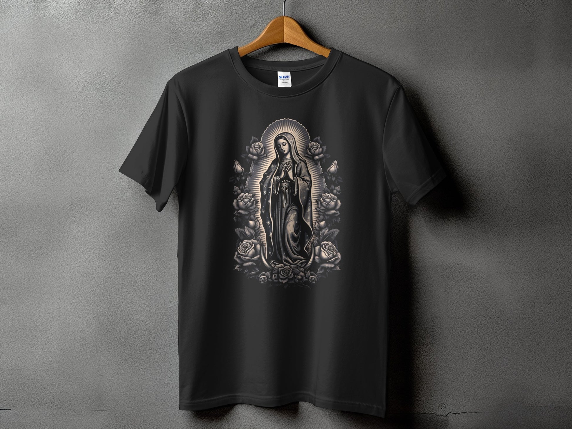 Black t-shirt with Virgin Mary and roses graphic print