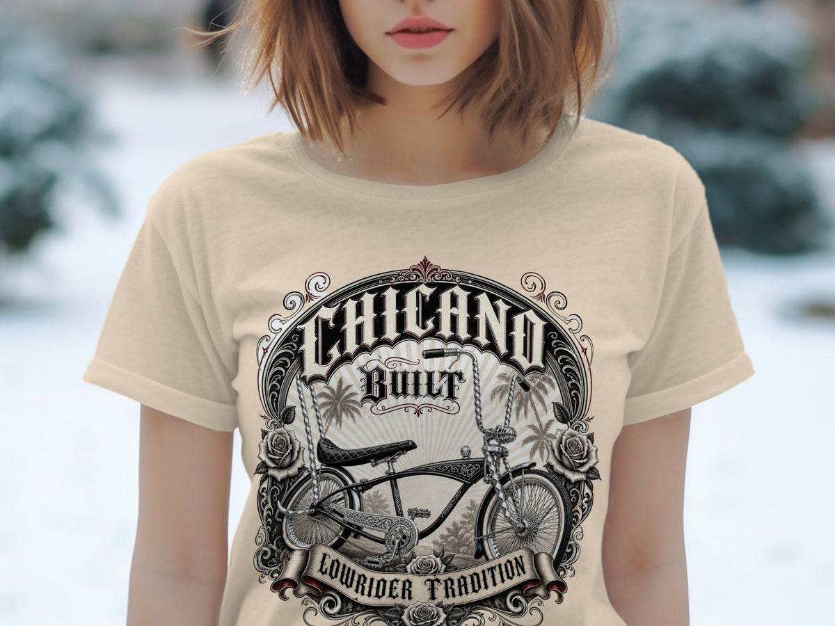 T-shirt with "Chicano Built Lowrider Tradition" text and a vintage lowrider bicycle graphic.