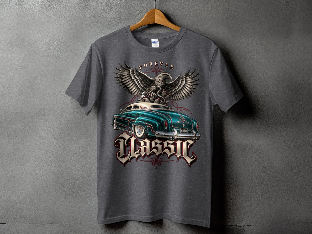 Grey t-shirt with a classic teal car, eagle, and "Forever Classic" text.