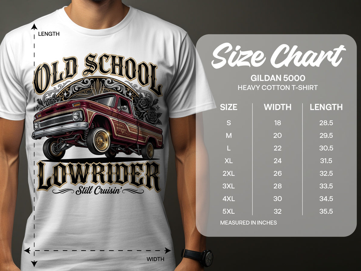 White t-shirt with "Old School Lowrider Still Cruisin'" graphic and size chart.