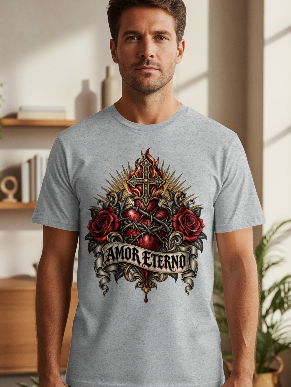 Grey t-shirt with a Sacred Heart design featuring roses and "AMOR ETERNO" text.