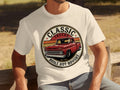 Cream t-shirt with a graphic of a red classic truck and text 