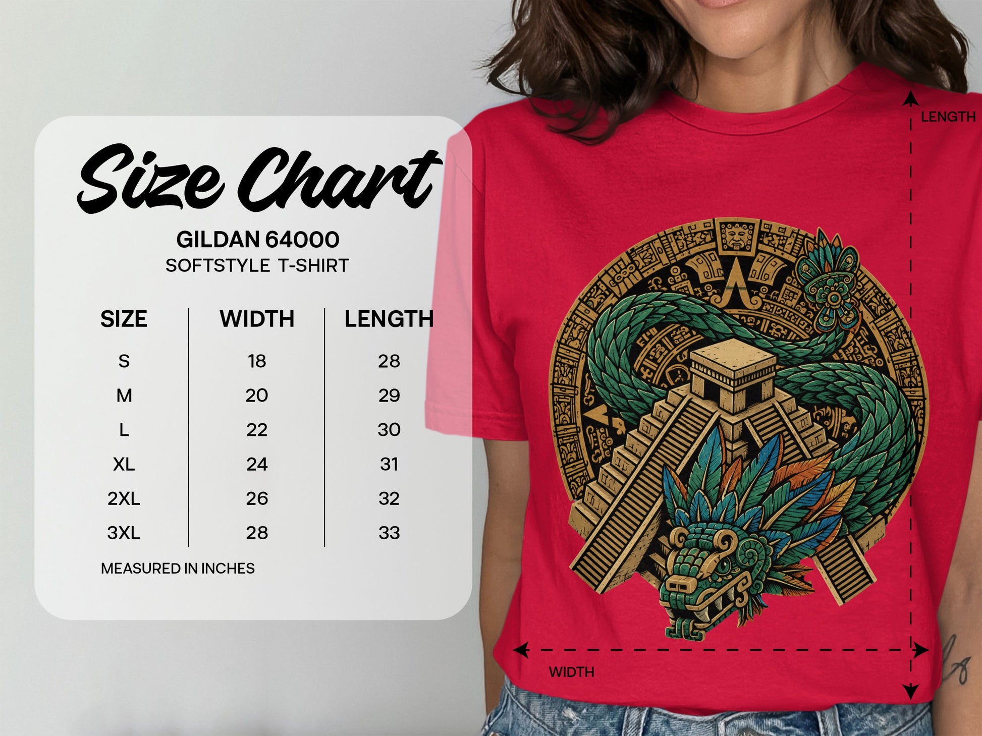Gildan 64000 Softstyle T-Shirt size chart showing measurements in inches.