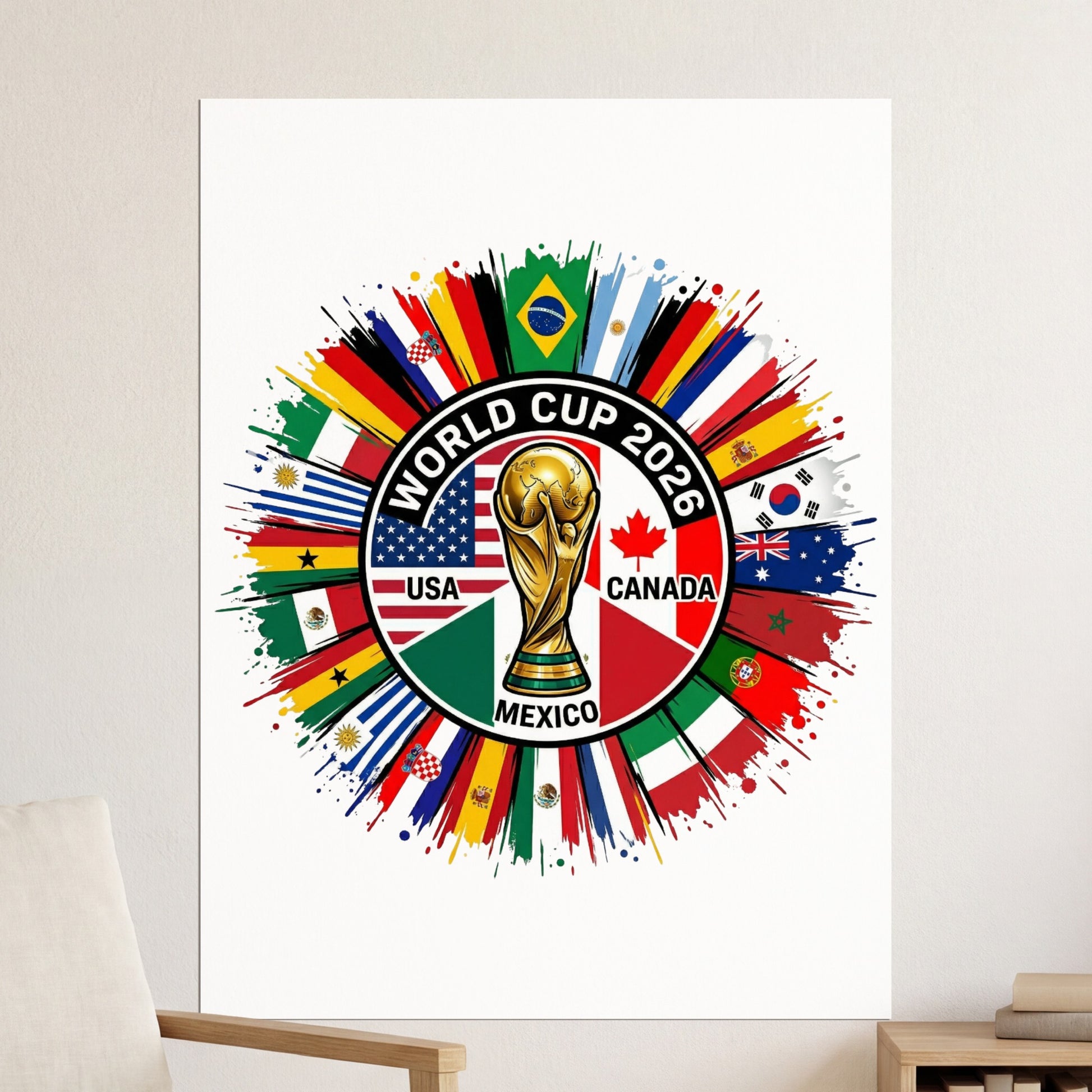 World Cup 2026 logo with USA, Canada, and Mexico flags.