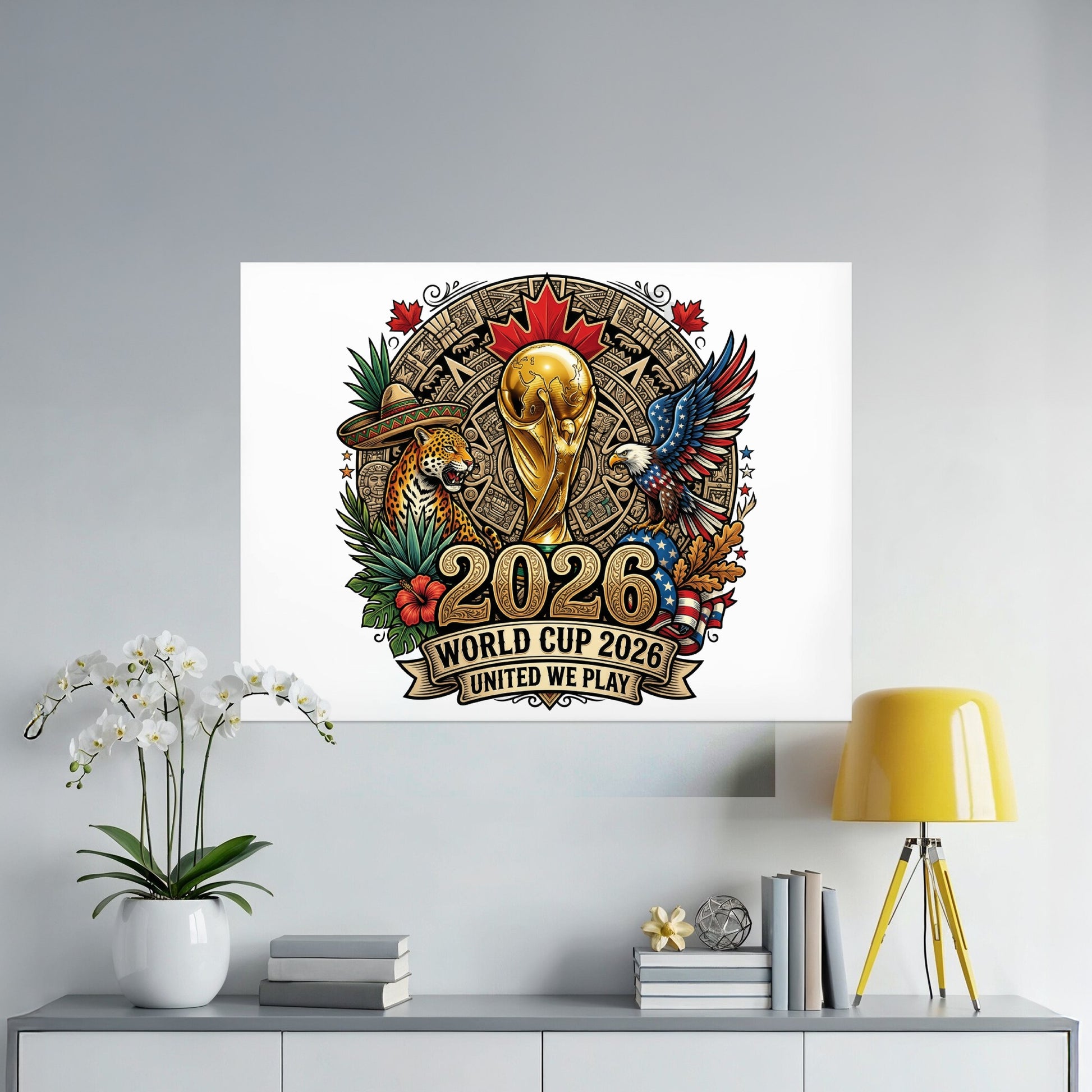 2026 World Cup logo with trophy, jaguar, eagle, and patriotic motifs.