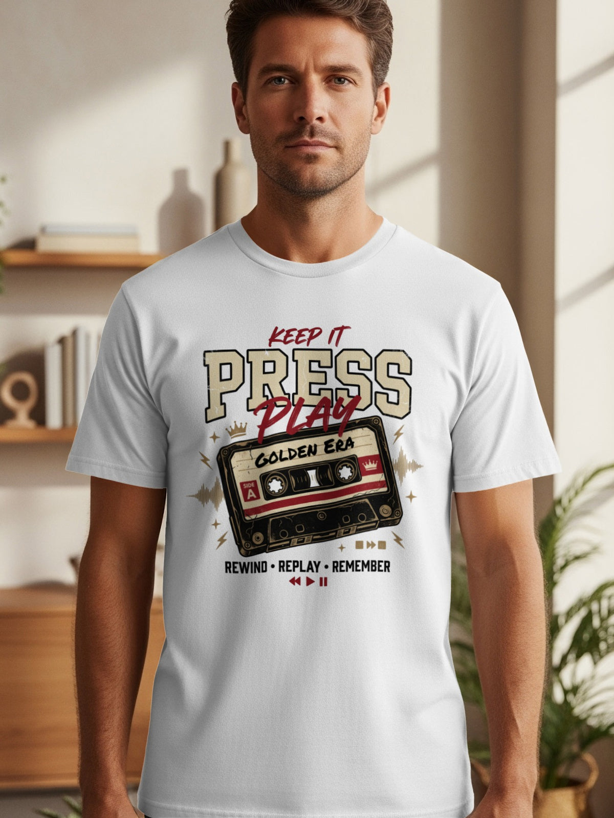 T-shirt with "KEEP IT PRESS PLAY GOLDEN ERA" text and cassette tape graphic.