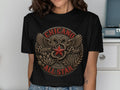 Black t-shirt with a circular design featuring 