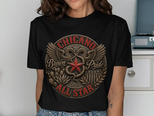 Black t-shirt with a circular design featuring "Chicano Brown Pride All Star" text, a star, snakes, and wings.