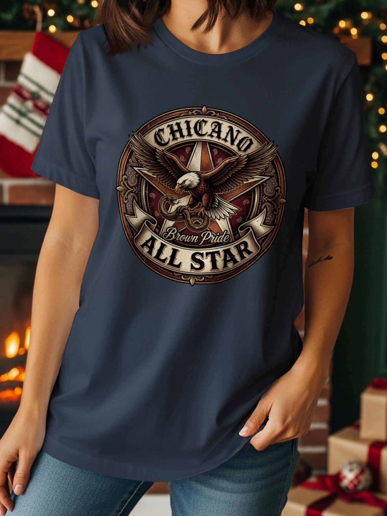 Navy t-shirt with "Chicano Brown Pride All Star" eagle logo.