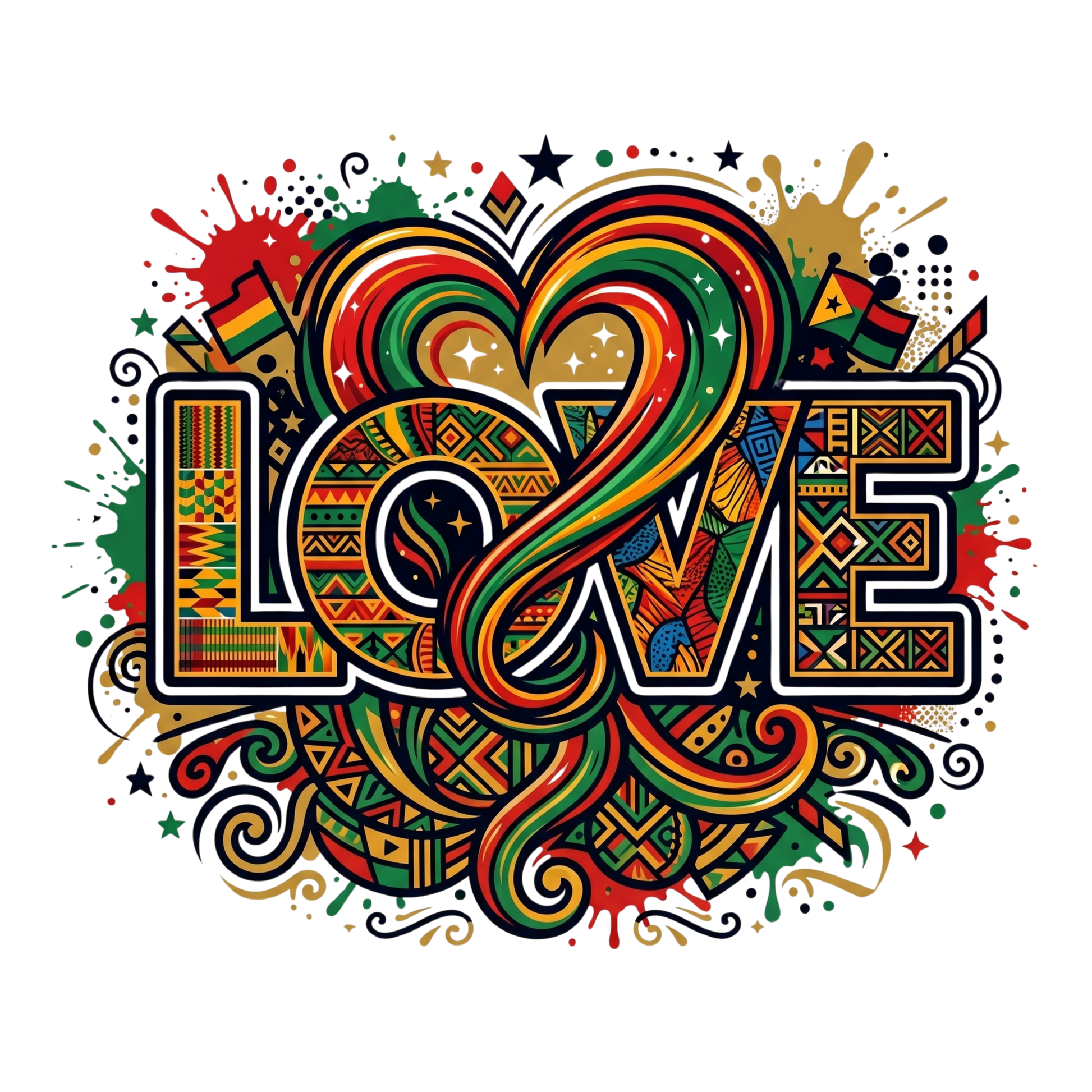 Colorful "LOVE" typography with Ghanaian flag elements and abstract patterns.