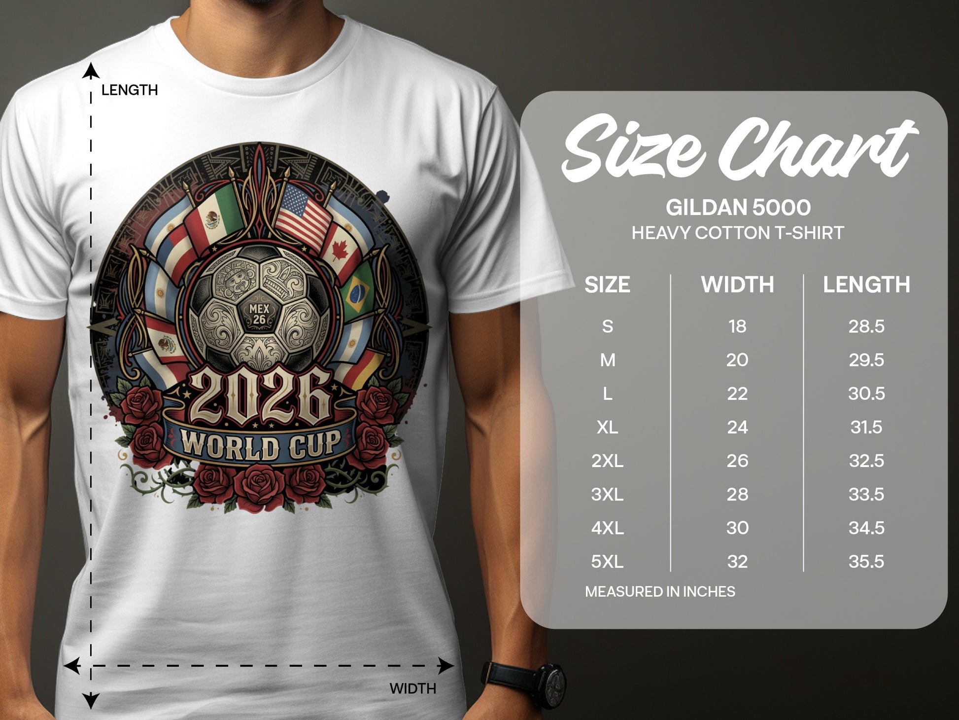 T-shirt size chart for Gildan 5000 Heavy Cotton, listing sizes S-5XL.