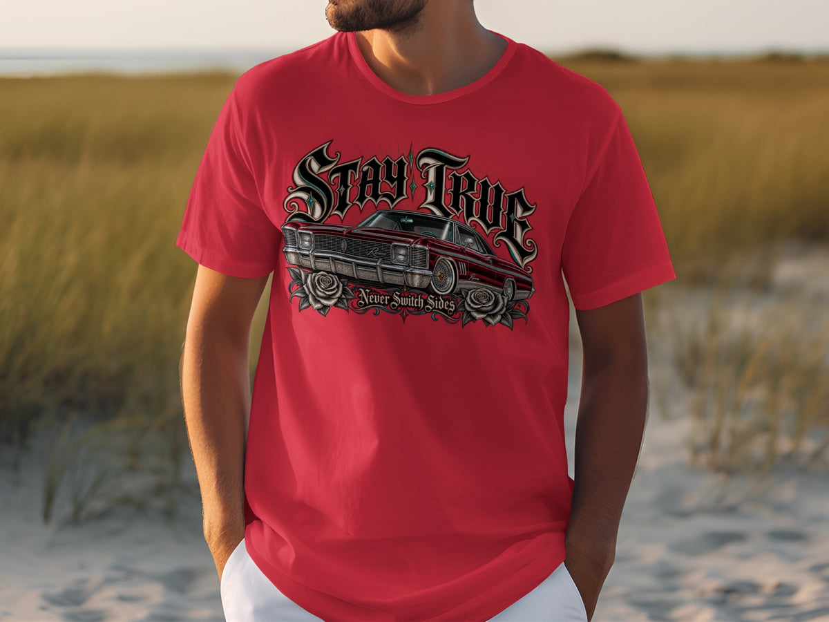 Red t-shirt with "Stay True Never Switch Sides" and a classic car graphic.