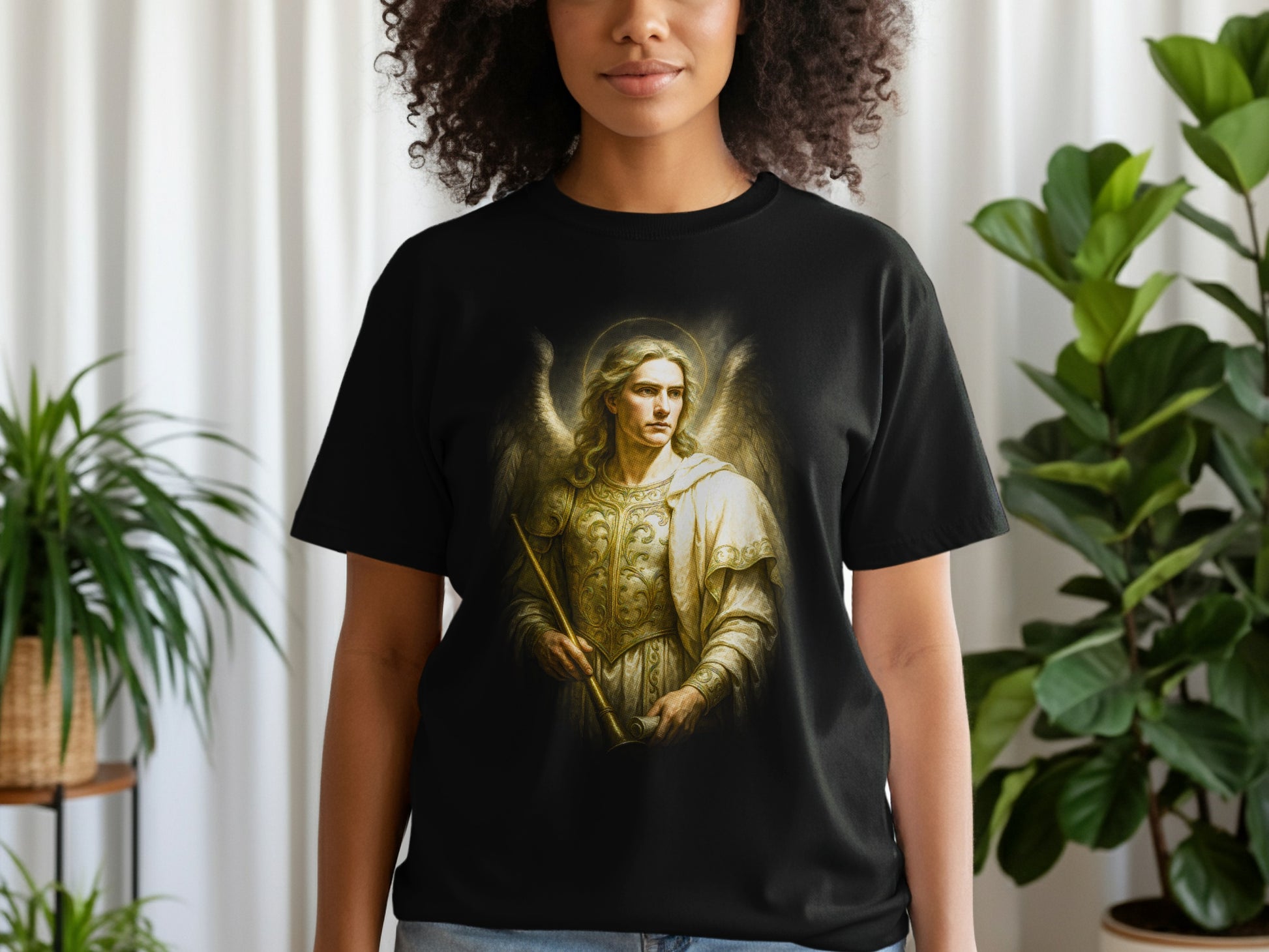 Black t-shirt with a depiction of the Archangel Michael.
