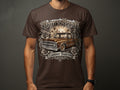 Brown Pride Lowrider Tradition graphic with vintage truck, roses, and city skyline.