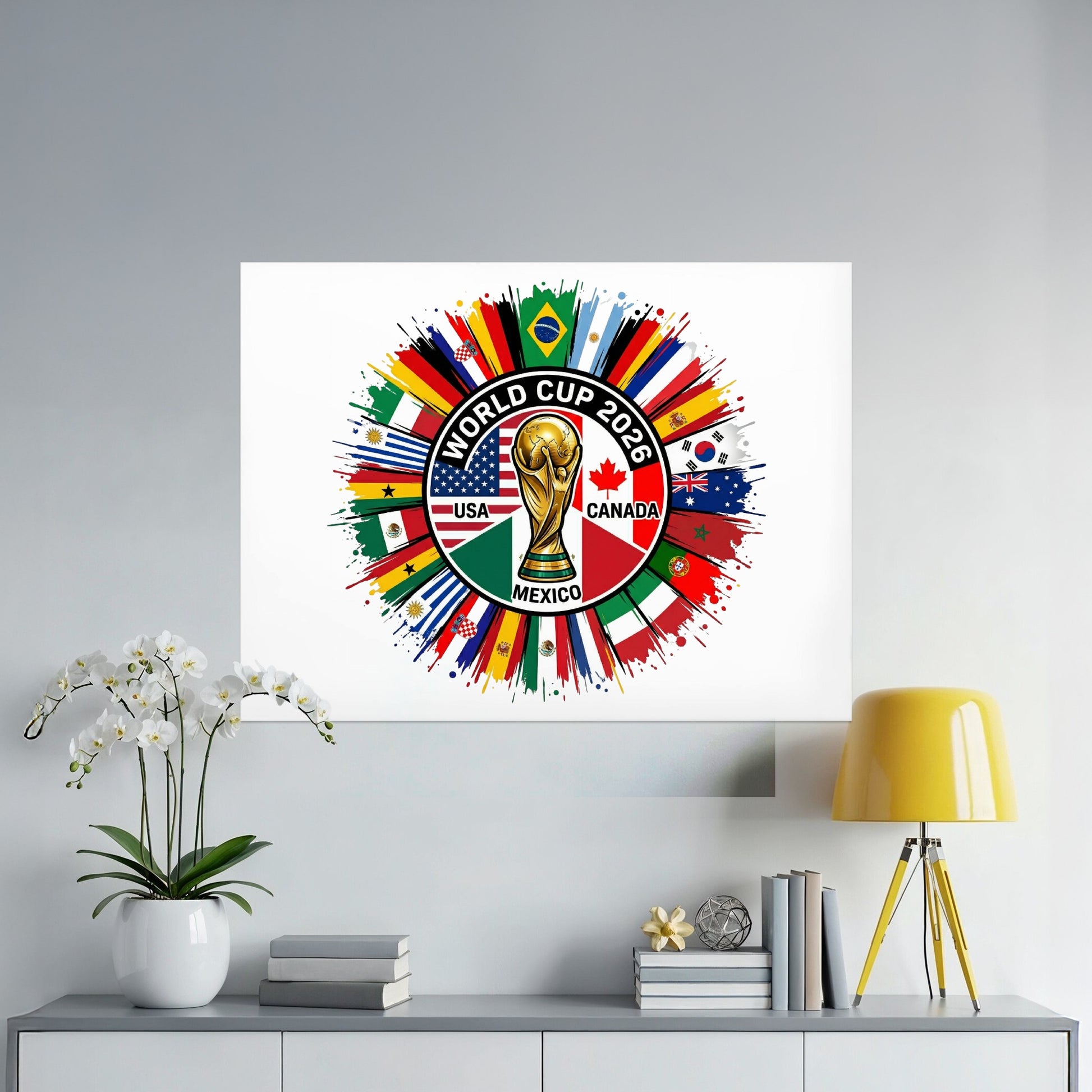 World Cup 2026 logo with flags of participating nations, USA, Canada, Mexico highlighted.