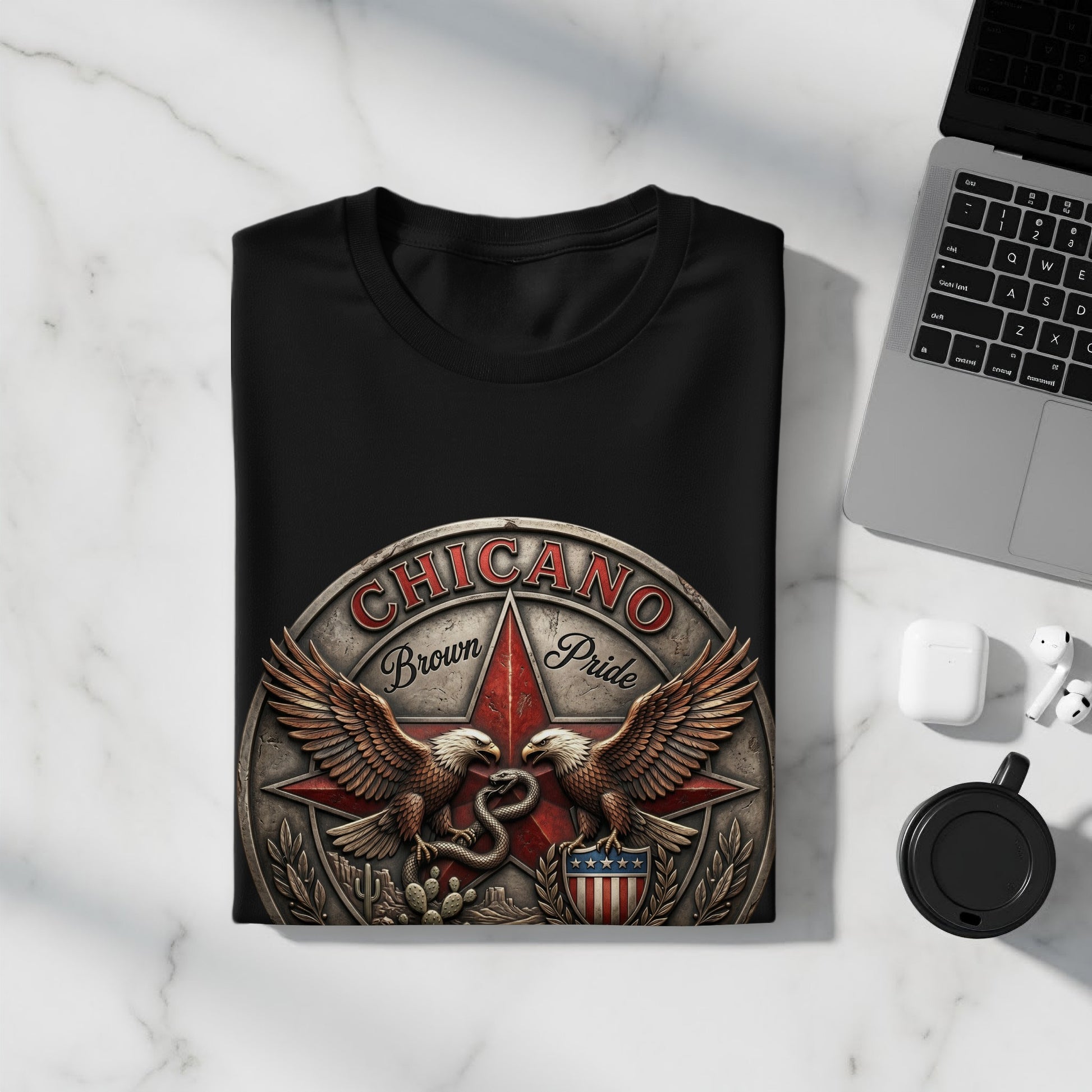 Black t-shirt with "Chicano Brown Pride" text and eagle design.