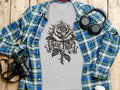 Gray t-shirt with rose graphic and 