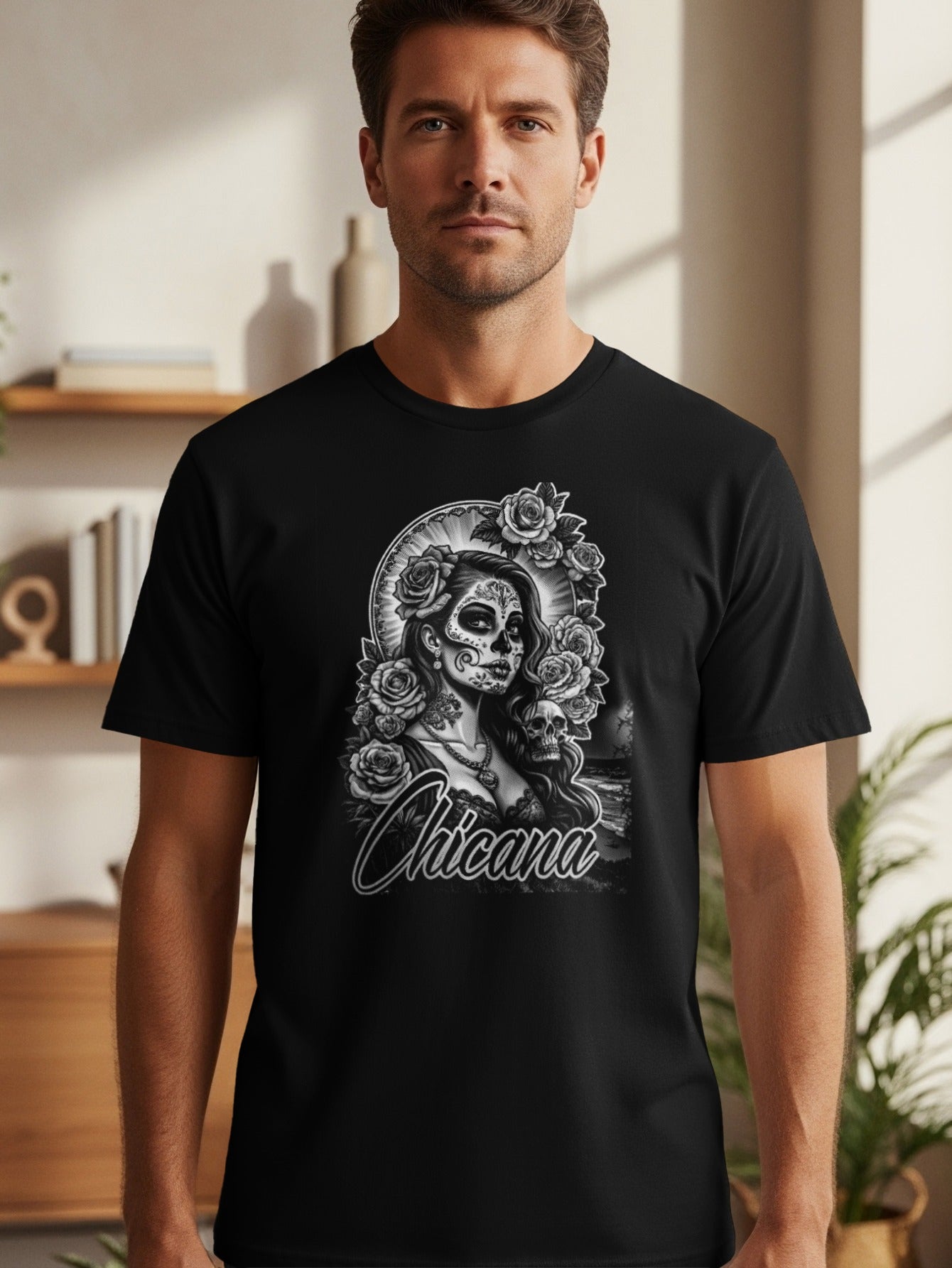T-shirt with black and white "Chicana" skull and rose design.
