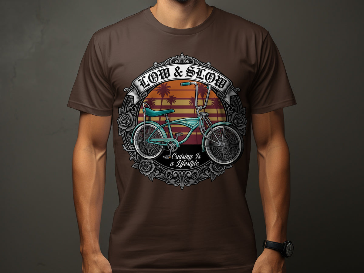 Brown t-shirt with lowrider bicycle graphic and text "Low & Slow Cruising Is a Lifestyle".