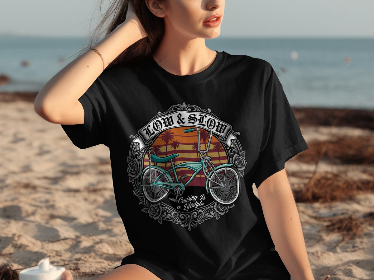 Black t-shirt with vintage bicycle graphic and text "Low & Slow Cruising Is a Lifestyle".