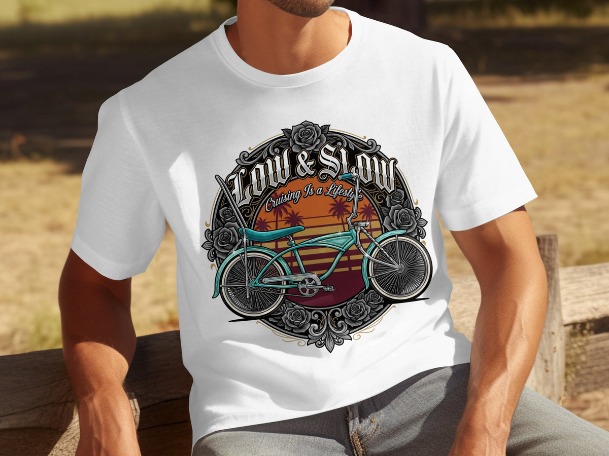 White t-shirt with "Low & Slow Cruising Is a Lifestyle" text and lowrider bicycle graphic.