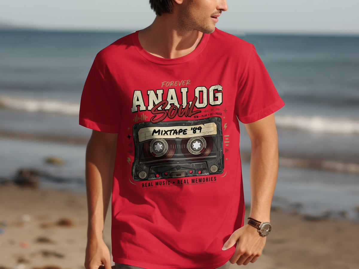 Red t-shirt with "Forever Analog Soul Mixtape '89" and cassette tape graphic.