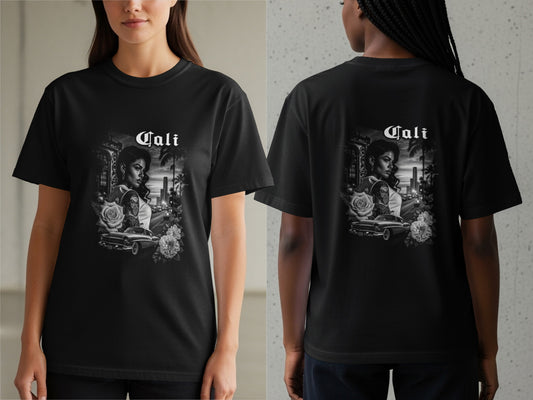 Black t-shirt with "Cali" text and a graphic of a woman, car, and city skyline.