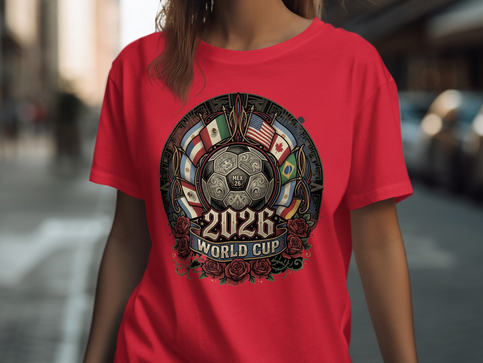 Red t-shirt with 2026 World Cup graphic featuring flags and soccer ball.